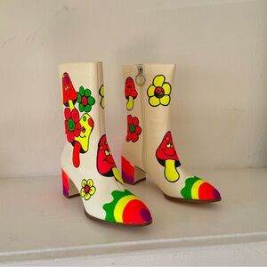 𓆩♡𓆪 Hand Painted Mushroom & Flower Leather Go-Go Boots 𓆩♡𓆪